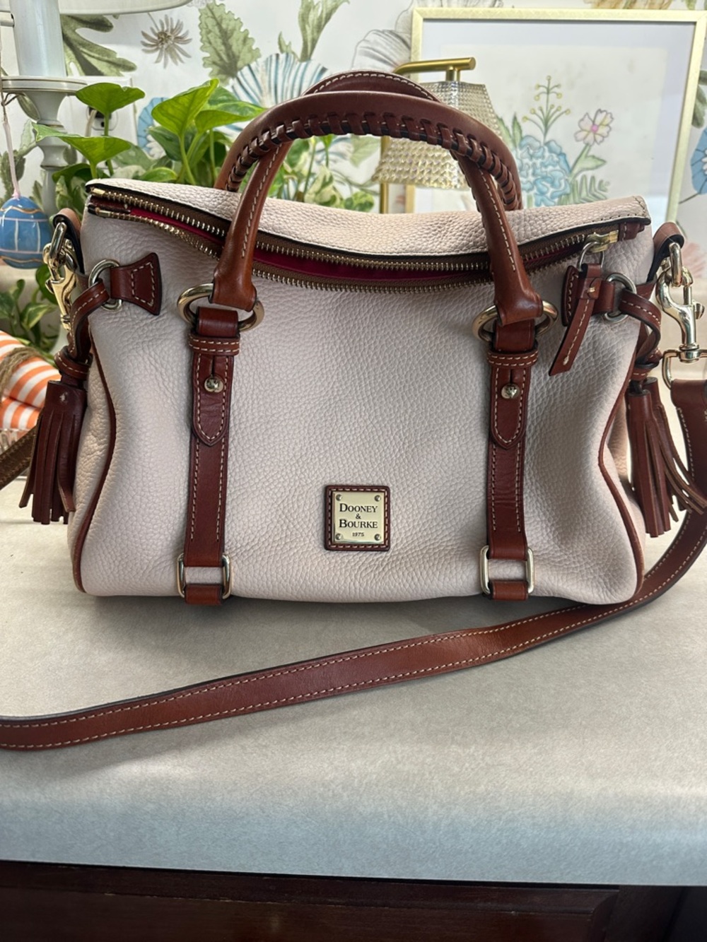 Dooney & Bourke Pink Pebble Leather Satchel with Brown Trim